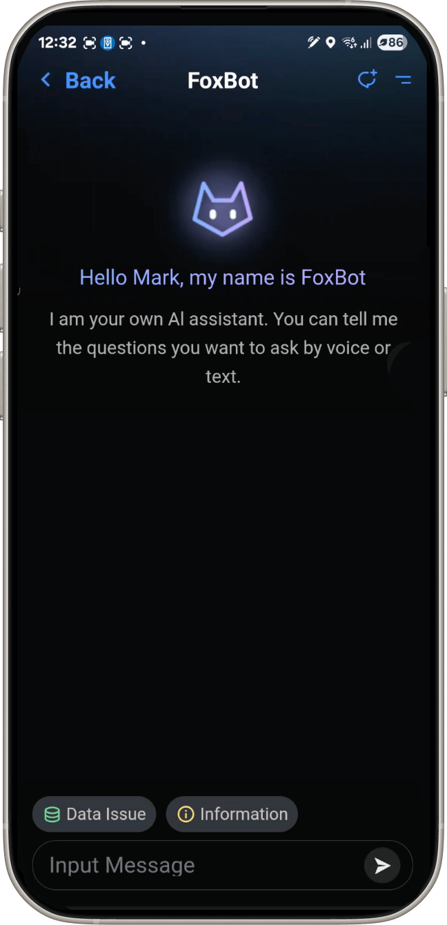 Image of a smart phone displaying the Fox Cloud 2.0 interface